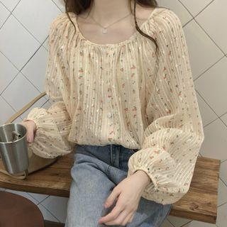 Round-neck Floral Puff-sleeve Shirt Almond - One Size