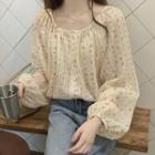 Round-neck Floral Puff-sleeve Shirt Almond - One Size