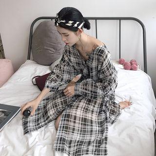 Long-sleeve Off-shoulder Plaid Shirtdress