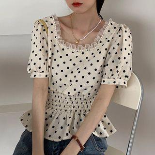 Puff-sleeve Dotted Shirred Chiffon Peplum Top White - One Size