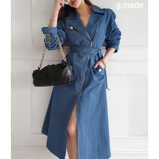 Epaulette Long Denim Trench Coat With Belt Blue - One Size
