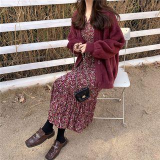 Flower Print Long-sleeve Midi A-line Dress / Oversize Cardigan