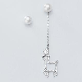 925 Sterling Silver Faux Pearl Rhinestone Deer Dangle Earring S925 Silver - 1 Pair - One Size
