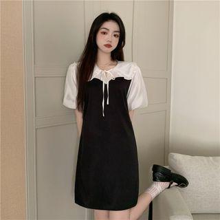 Short-sleeve Tie Neck Two-tone Dress As Shown In Figure - One Size