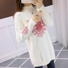 Mock Neck Heart Print Mini Sweater Dress