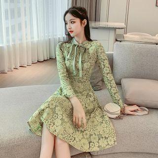 Long-sleeve Tie-neck :lace Dress