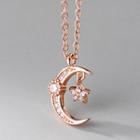 Moon & Star Rhinestone Sterling Silver Dangle Earring S925 Sterling Silver - 1 Pc - Rose Gold - One Size