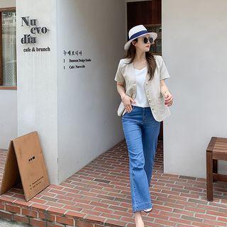 Collarless Padded-shoulder Welt-pocket Jacket