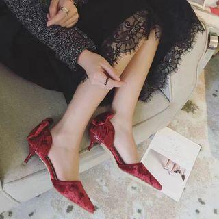 Kitten-heel Bow-accent Velvet Sandals