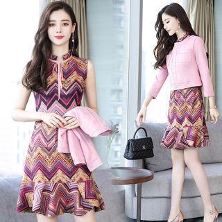 Set: Sleeveless Pattern Dress + Faux Suede Buttoned Jacket