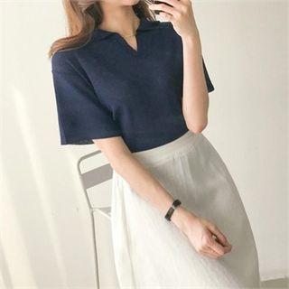 Collared V-neck Linen Blend Top