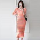 Short-sleeve Striped Midi Knit Dress Striped - Tangerine - One Size