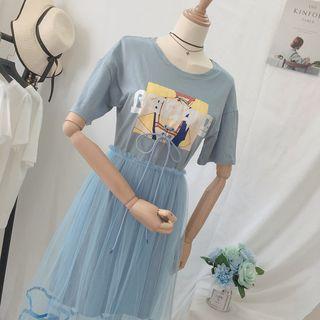 Set: Printed Short-sleeve Long T-shirt + Mesh Midi Skirt