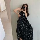 Halter Neck Print Midi A-line Dress White Print - Black - One Size