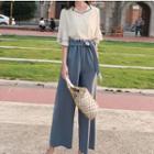Set: Contrast Trim Elbow-sleeve Chiffon Top + Cropped Wide-leg Pants