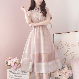 Mesh Panel Plaid Short Sleeve Collared Midi Dress