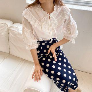 Eyelet Lace Loose-fit Blouse / Dot Midi Skirt