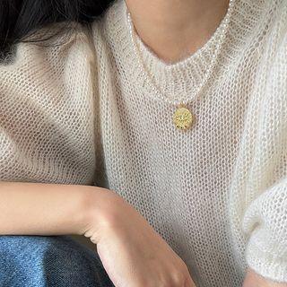 Disc Alloy Pendant Freshwater Pearl Necklace White & Gold - One Size