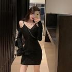 Plain V-neck Open-back Slim-fit Off-shoulder Long-sleeve Dress