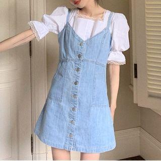 Puff-sleeve Lace Trim Top / Washed Denim Mini Sheath Overall Dress