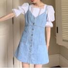 Puff-sleeve Lace Trim Top / Washed Denim Mini Sheath Overall Dress