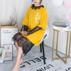 Set: Lettering Elbow-sleeve T-shirt Dress + Lace Long-sleeve Dress
