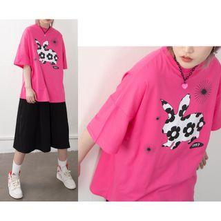 Elbow-sleeve Floral Rabbit Print T-shirt
