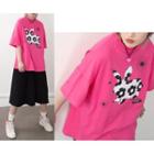Elbow-sleeve Floral Rabbit Print T-shirt