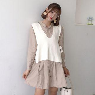 Long-sleeve A-line Shirt Dress / V-neck Sweater Vest