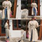 Balloon-sleeve Long Trench Coat Beige - One Size