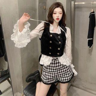 Houndstooth Shorts / Double Breasted Tank Top / Ruffled Blouse