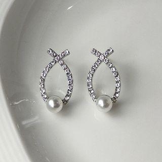 Sterling Silver Faux Pearl Rhinestone Stud Earring 1599 - 1 Pr - Silver - One Size