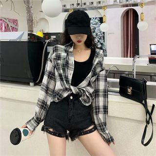 Loose-fit Plaid Shirt Black & White - One Size
