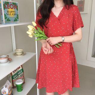 Short-sleeve Polka Dot A-line Wrap Dress