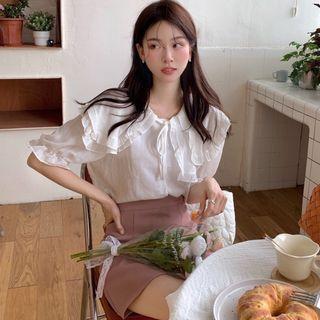Short-sleeve Layered Collar Blouse / Mini Skirt