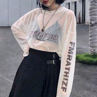 Lettering Long-sleeve Mesh Top As Shown In Figure - One Size