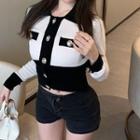 Long-sleeve Lapel Contrast Slim Fit Button Knit Top