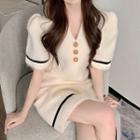 Elbow-sleeve Contrast Trim Mini Dress