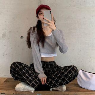 Long-sleeve Mock Two-piece Round-neck Top