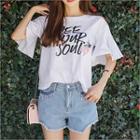 Bell-sleeve Flower-embroidered Lettering Top