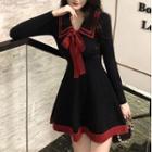 Long-sleeve Bow Accent Collared Mini A-line Dress