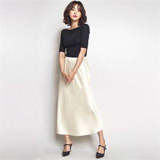 Band-waist Long Flared Satin Skirt