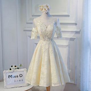 Embroidered Elbow Sleeve Bridesmaid Dress