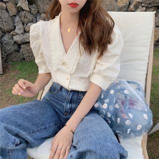 Collared Puff-sleeve Blouse Off-white - One Size
