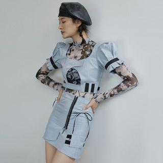 Printed Long-sleeve Mesh Top / Zip Detail Mini A-line Skirt