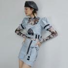 Printed Long-sleeve Mesh Top / Zip Detail Mini A-line Skirt