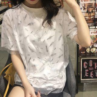 Elbow-sleeve Metallic Pattern Mesh Overlay T-shirt