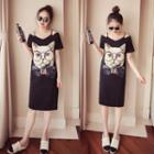 Cutout Shoulder Printed Short-sleeve T-shirt Dress