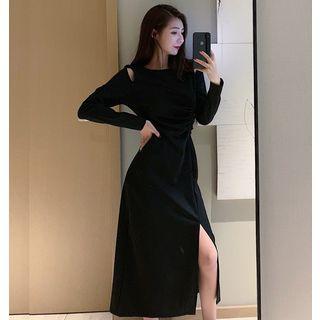 Front Slit Long-sleeve Midi Dress