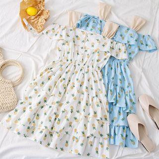 Layered Off-shoulder Pineapple-print A-line Dress